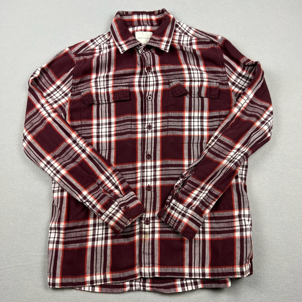 American Eagle Men M Burgundy Plaid Flannel Button Up‎ Long Sleeve Shirt Pocket